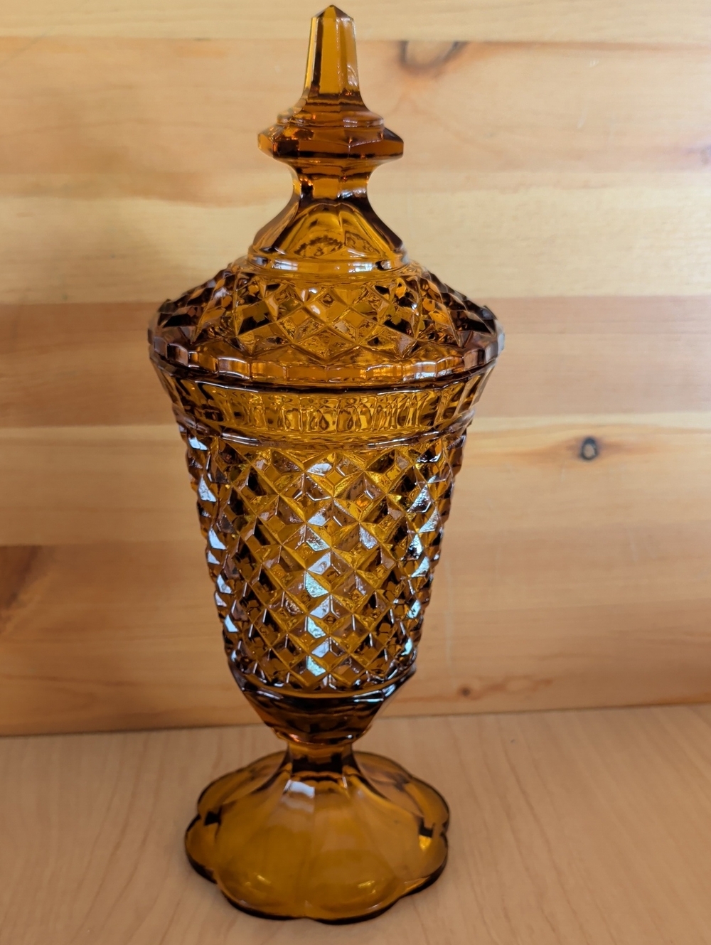 VTG Amber Diamond Point Glass  Compote Or Covered Candy Pedestal Dish From 1960s